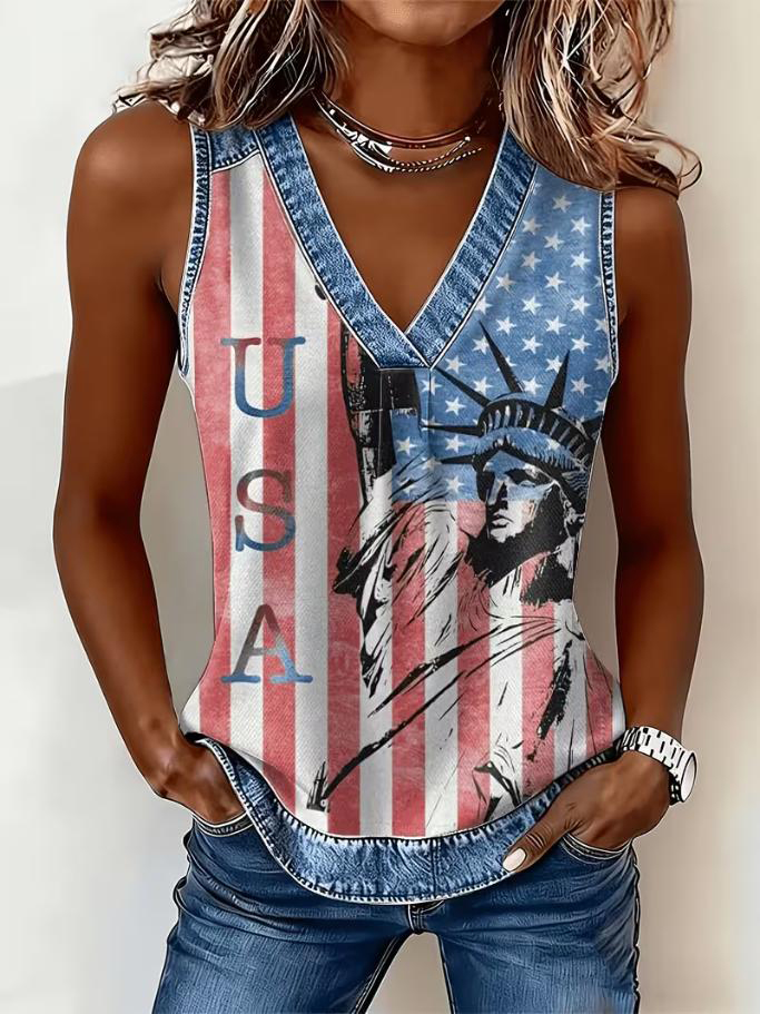 Women's Statue of Liberty Stars and Sripes Print Casual V Neck Tank Top