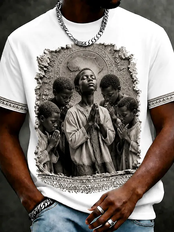 Men's Black Boy Prays Art Print T-Shirt