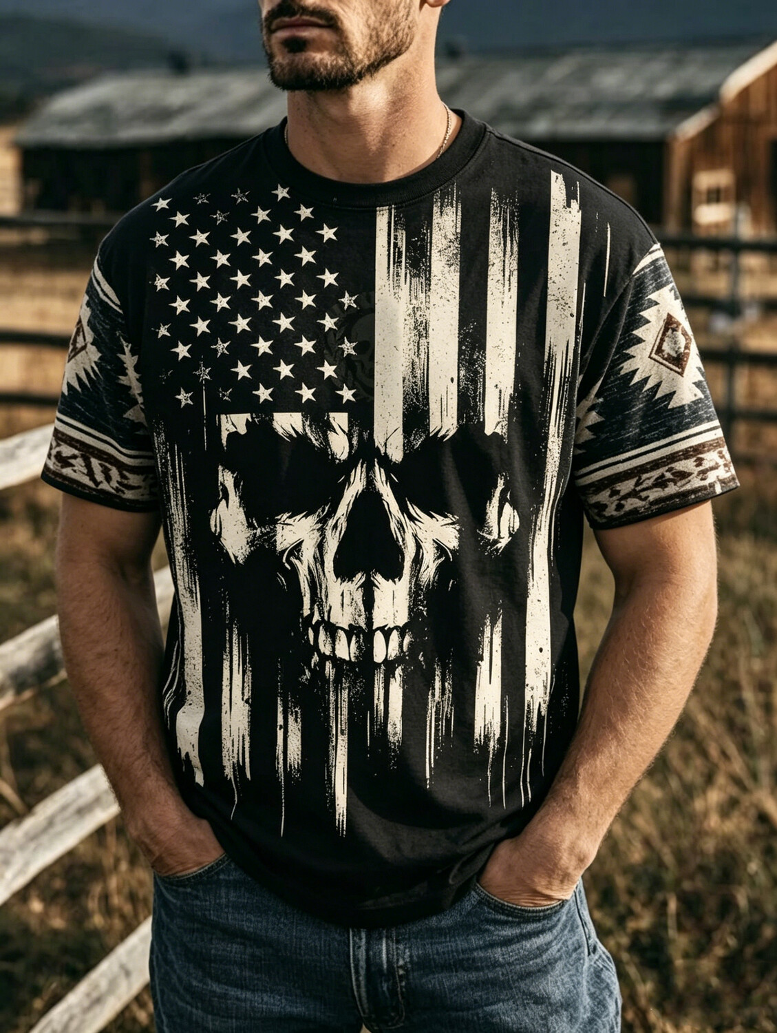 Men's Distressed US Flag Skull Print T-Shirt