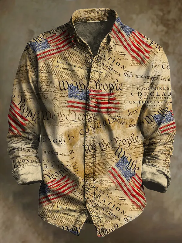 Men's Independence Day Retro Flag Art Print Long Sleeve Shirt