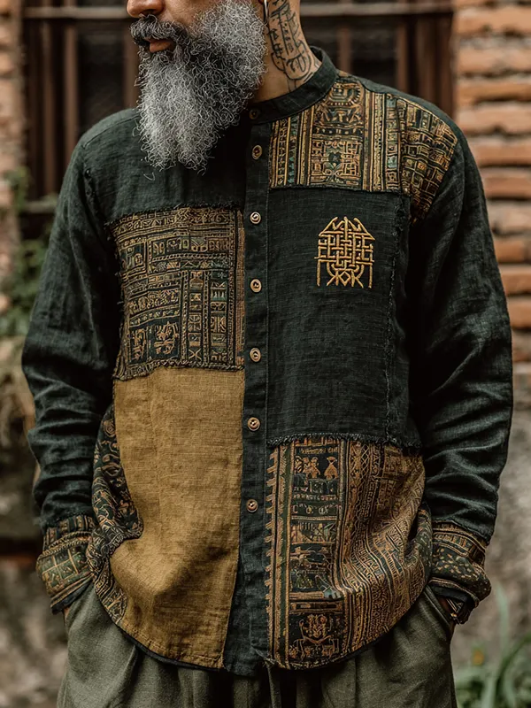 Men's Retro Geometric Ethnic Patterns Art Print Long Sleeve Shirt