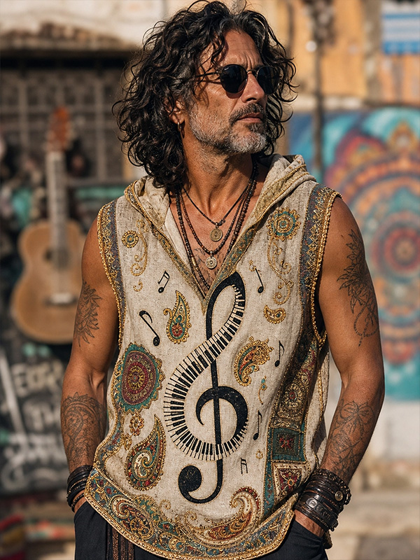 Men's Treble Clef Music Note Boho Art Print Hooded Tank Top