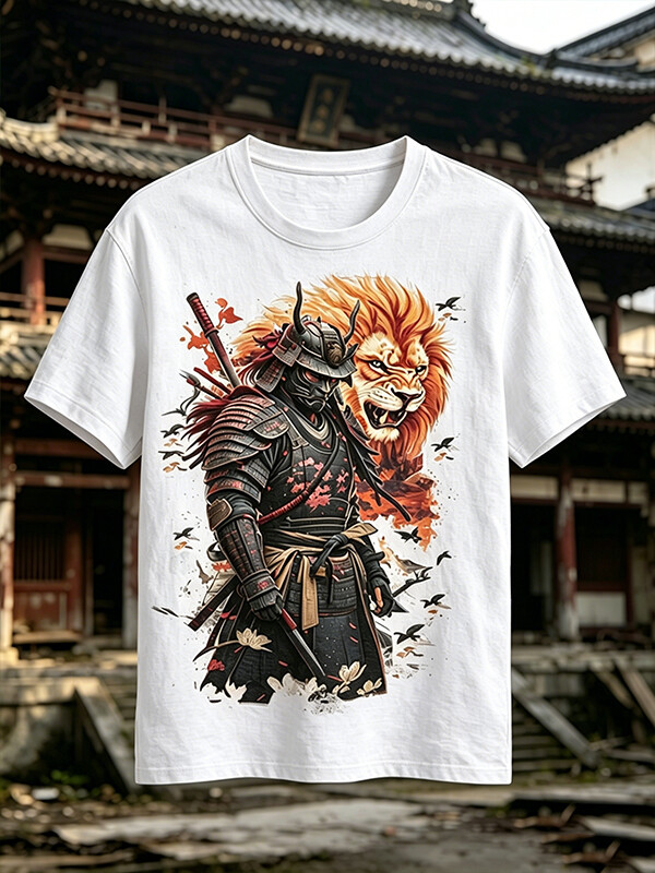 Men's Japanese Samurai Warrior With Lion Print Cotton Casual T-Shirt