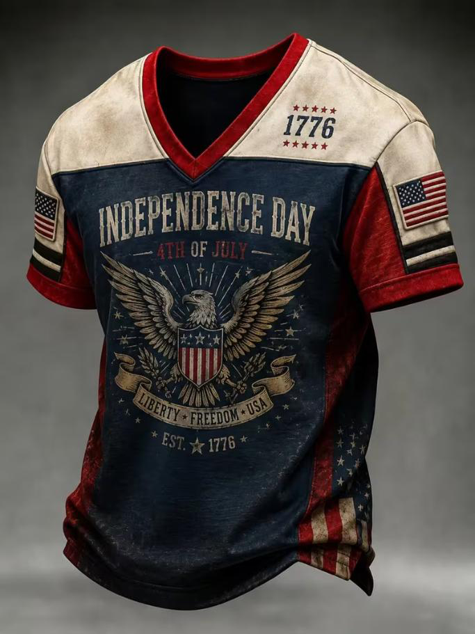 Men's Vintage USA Independence Day 1776 Eagle Art Print V Neck T-Shirt