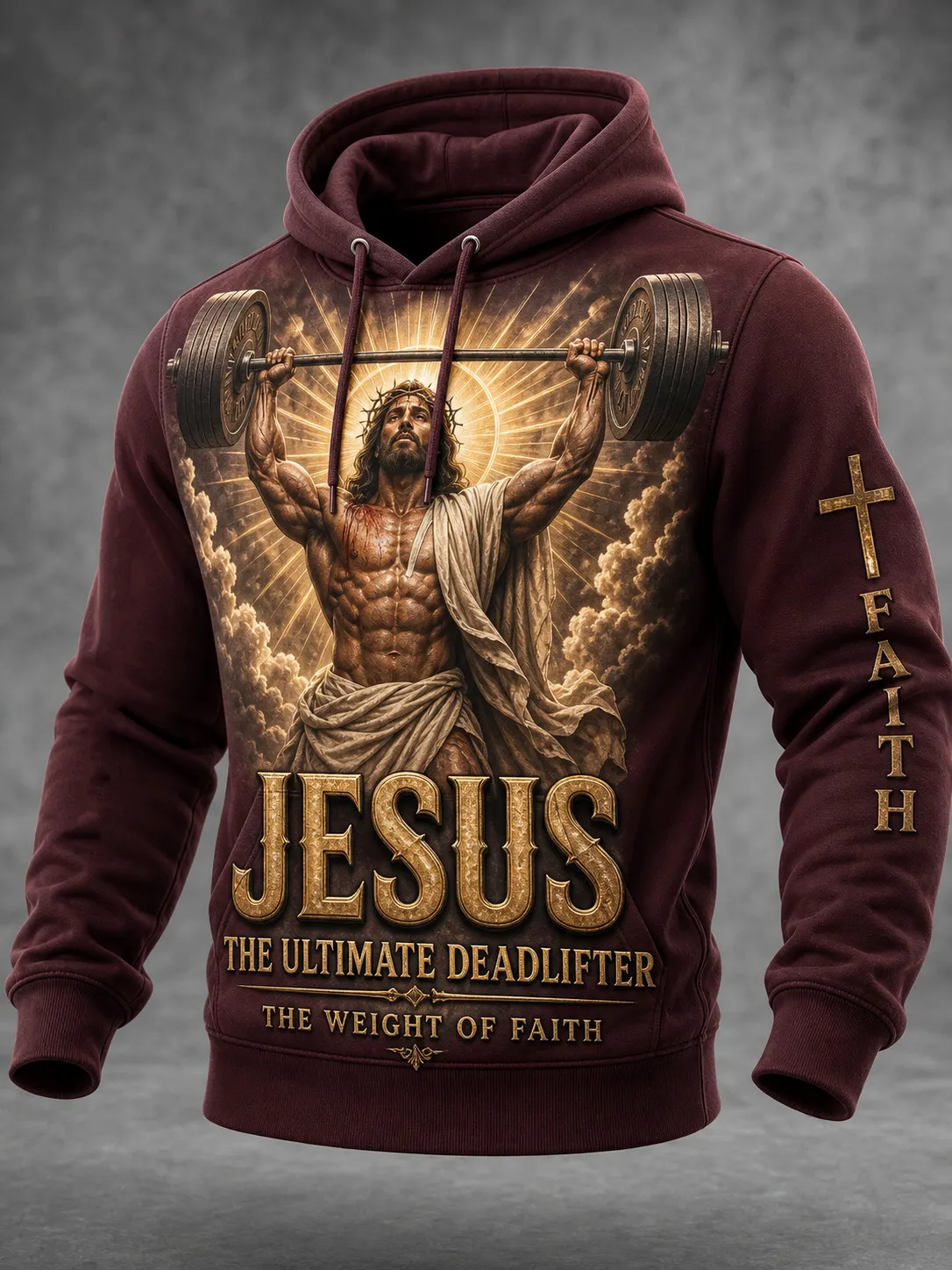 Men's Religious Gym Motivation Muscle Jesus Print Casual Hoodie