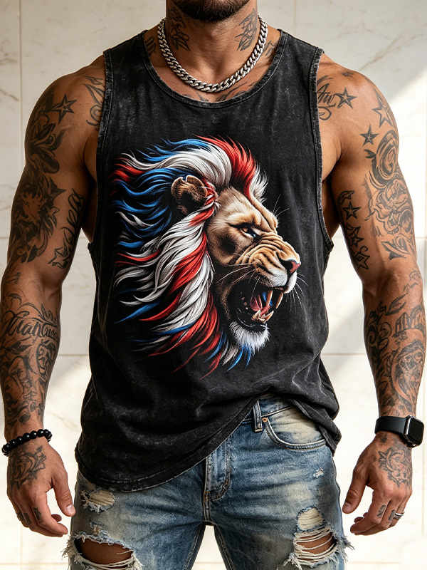 Men's Patriotic Lion Head With USA Flag Mane Art Print Tank Top