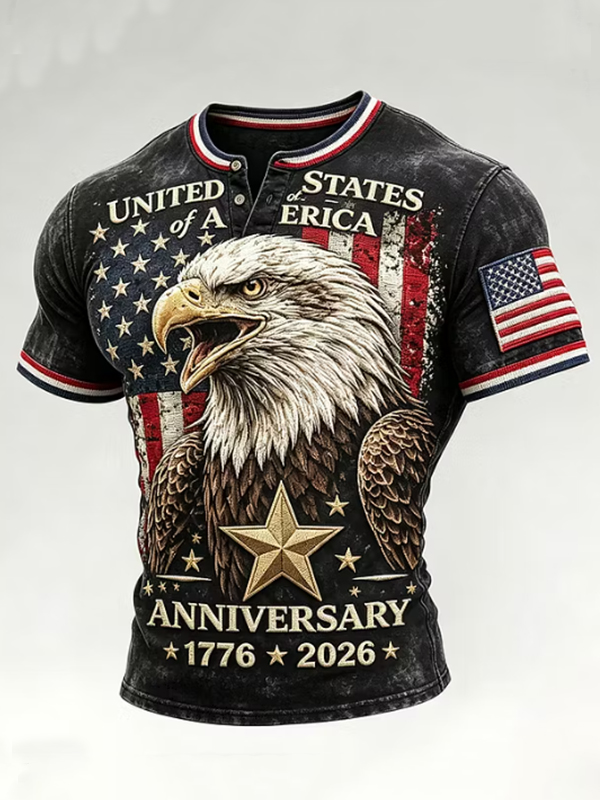 Men's Retro Independence Day Eagle American Flag Print Short Sleeve Henley T-Shirt