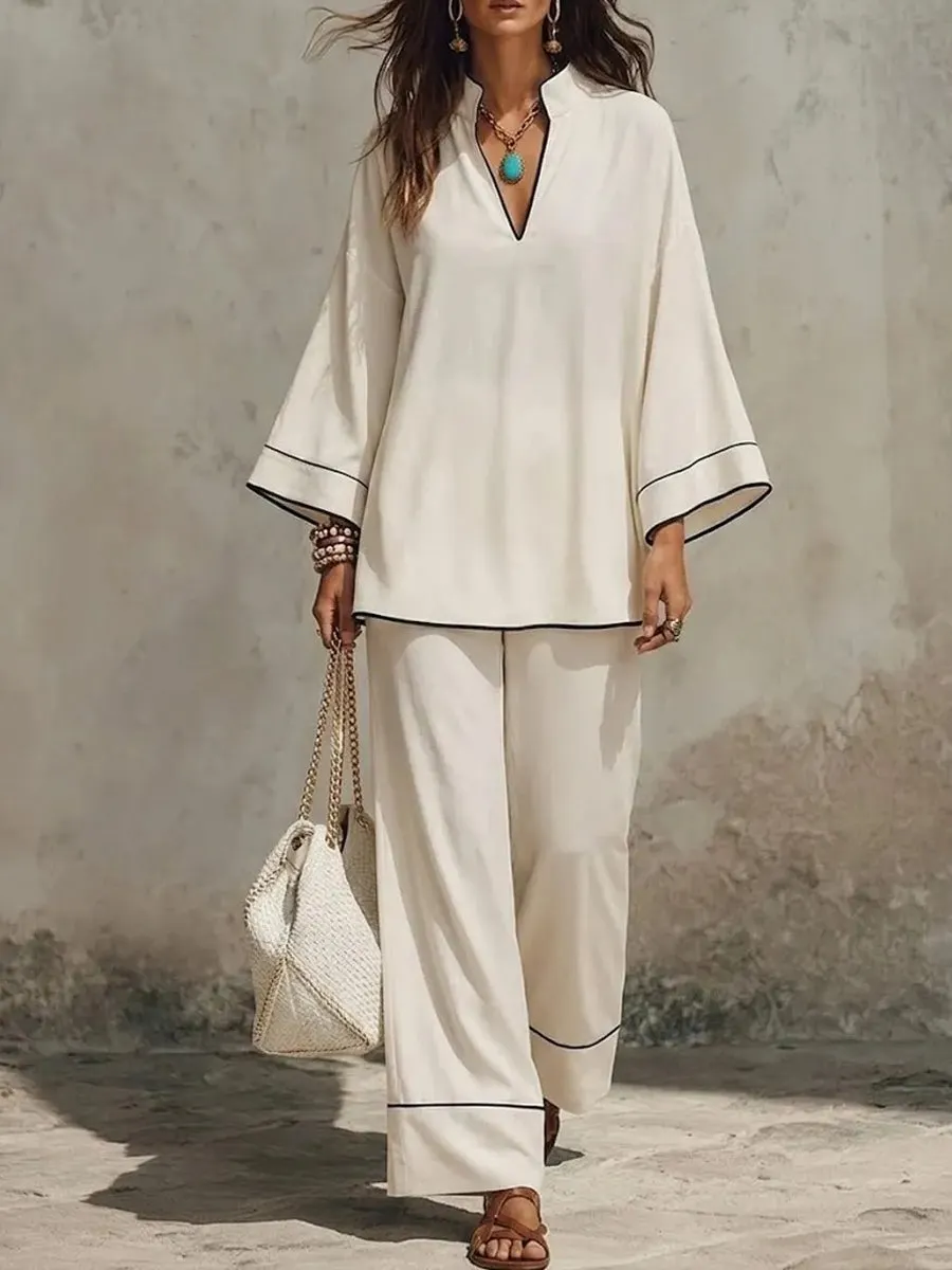 Women's Elegant V-Neck Flared-Sleeve Top and Pants Set