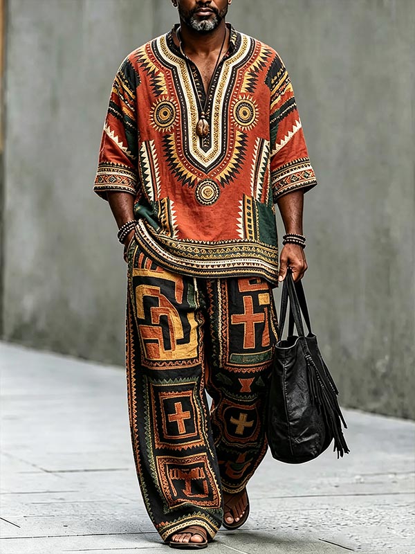 Men's African Tribal Geometric Cross Print Half Button Long Sleeve Shirt Pants 2pcs Set
