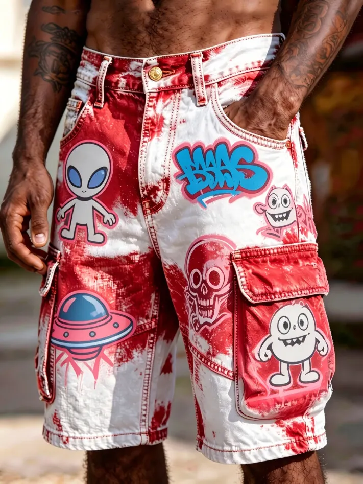 Men's Vintage Tie Dye Alien Ufo Graffiti Print Cargo Shorts