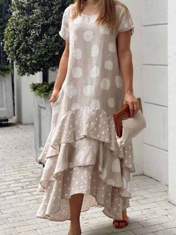 Women's Cotton Linen Polka Dot Print Panel Dress