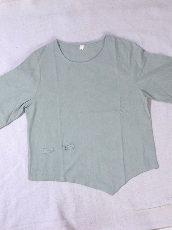 Women's Cotton Vintage Jacquard Frog Button Half Sleeve Casual Round Neck Shirt