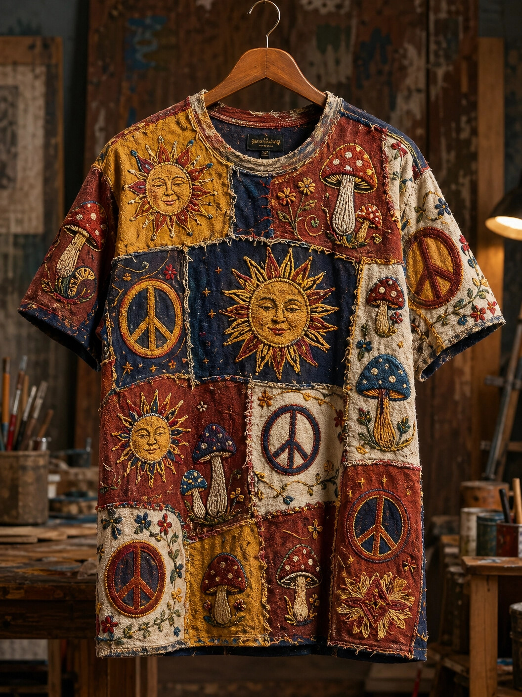 Men's Color Block Hippie Sun Mushroom Peace Graphic Print Casual T-Shirt