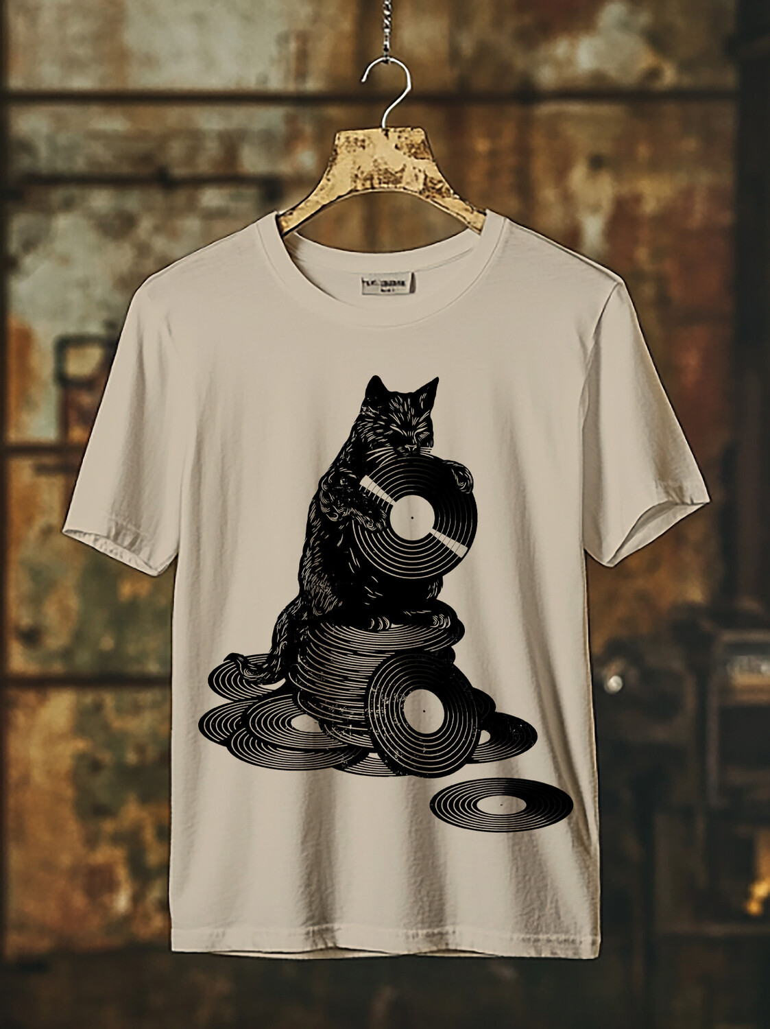 Men's Fun Cat Vinyl Records Print Cotton Casual T-Shirt