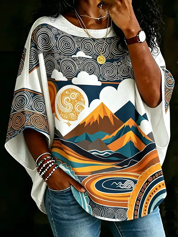 Women's Retro Abstract Geometric Mountain Tribe Print Casual V Neck T-Shirt