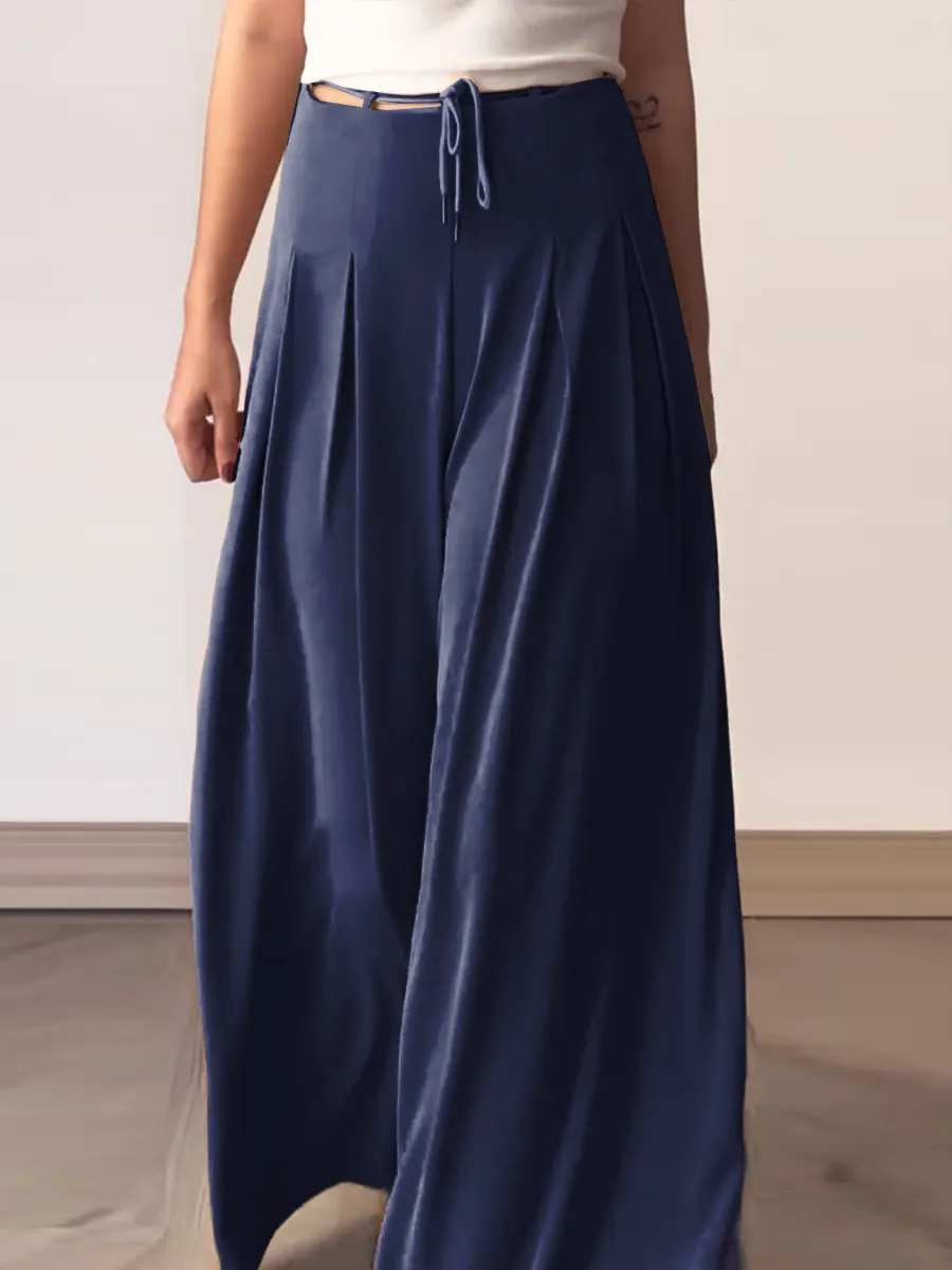 Women's Summer Solid Color High Waist Lace-up Loose Casual Cotton and Linen Wide Leg Pants
