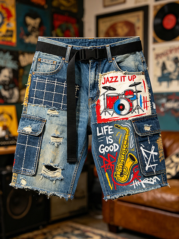 Men's Jazz Graffiti Patchwork Art Print Casual Shorts