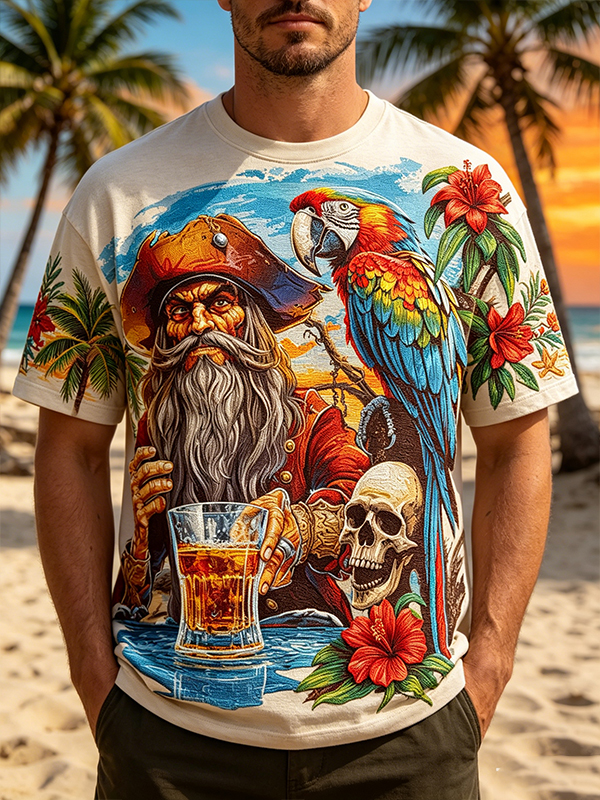 Men's Pirate Parrot Beach Vintage Art Print T-Shirt