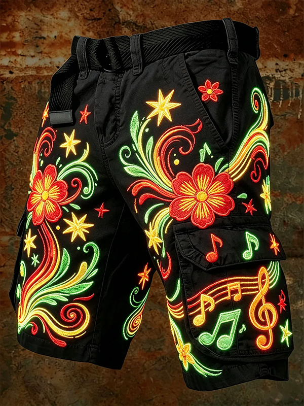 Men's Musical Notes And Colorful Flowers Boho Art Print Casual Shorts