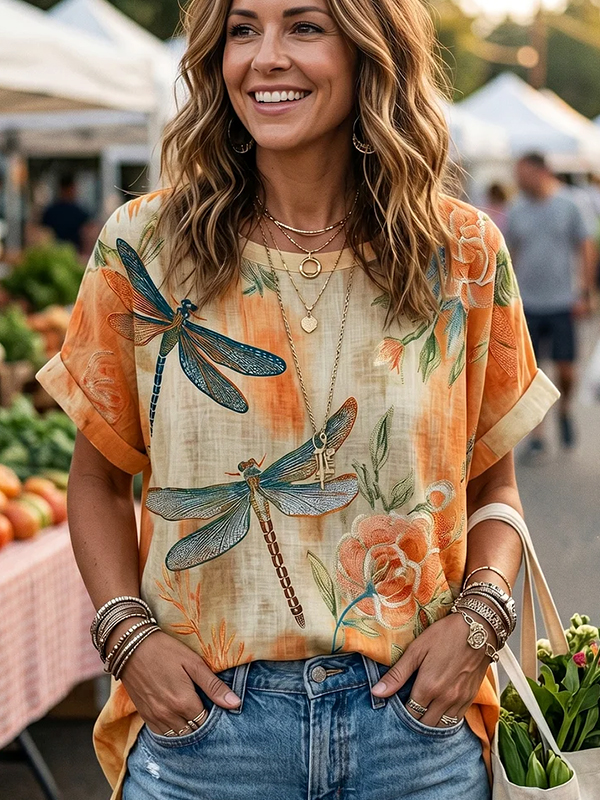 Women's Dragonflies And Flowers Art Print Casual T-Shirt