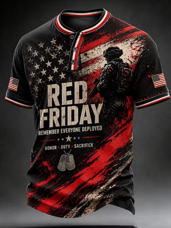 Men's Remember Everyone Deployed Print Short Sleeve Henley T-Shirt