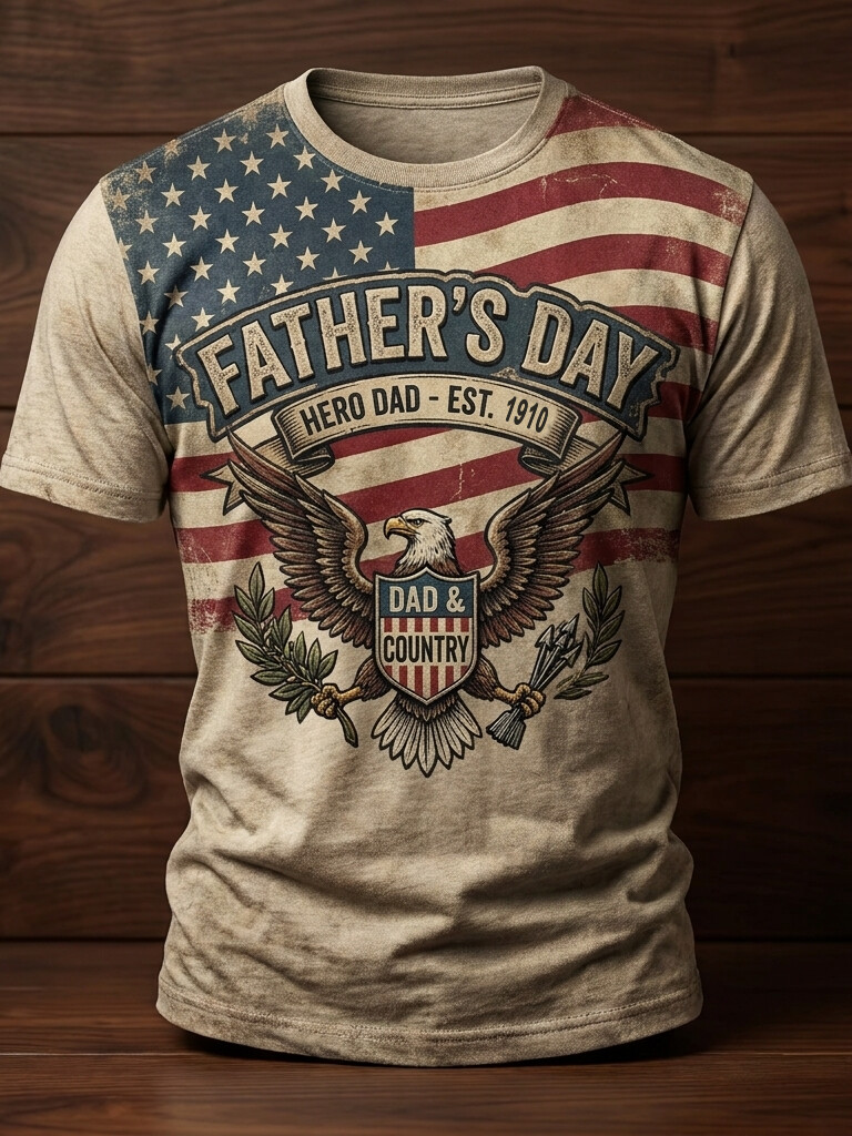 Men's Father's Day Hero Dad Eagle Flag Print Casual T-Shirt