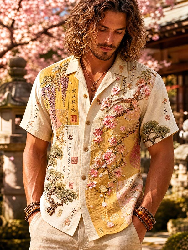 Men's Japanese Ukiyo-e Cherry Blossom and Wisteria Print Short Sleeve Shirt