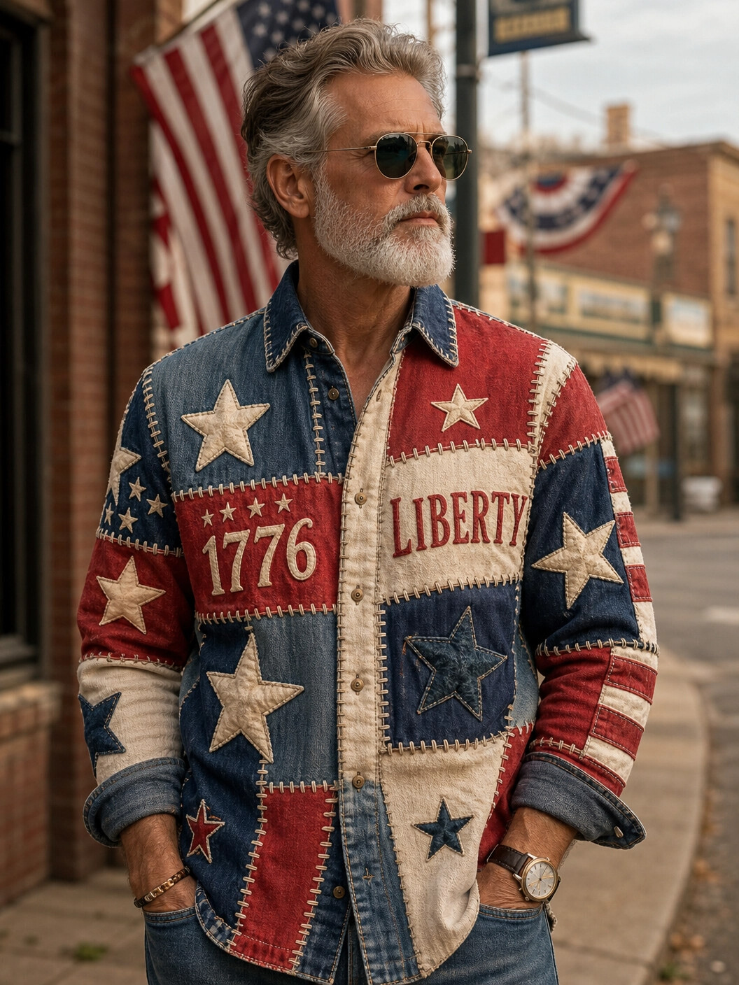 Men's 1776 Liberty American Flag Star Patchwork Colorblock Art Print Long Sleeve Shirt