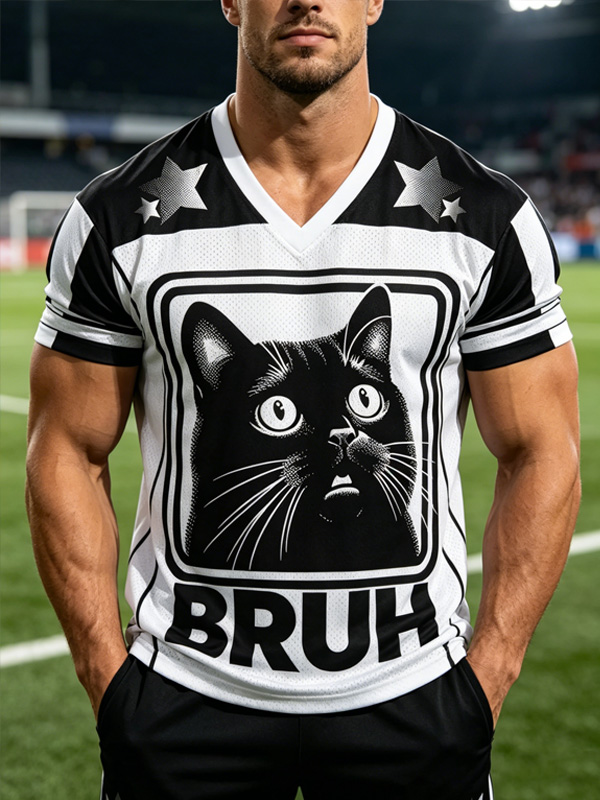 Men's Gradient Star Pattern Black Cat BRUH Print Casual V Neck T-Shirt