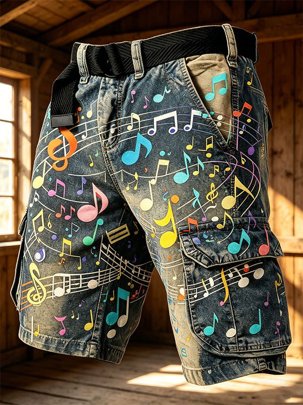 Men's Colorful Music Note Art Print Casual Shorts