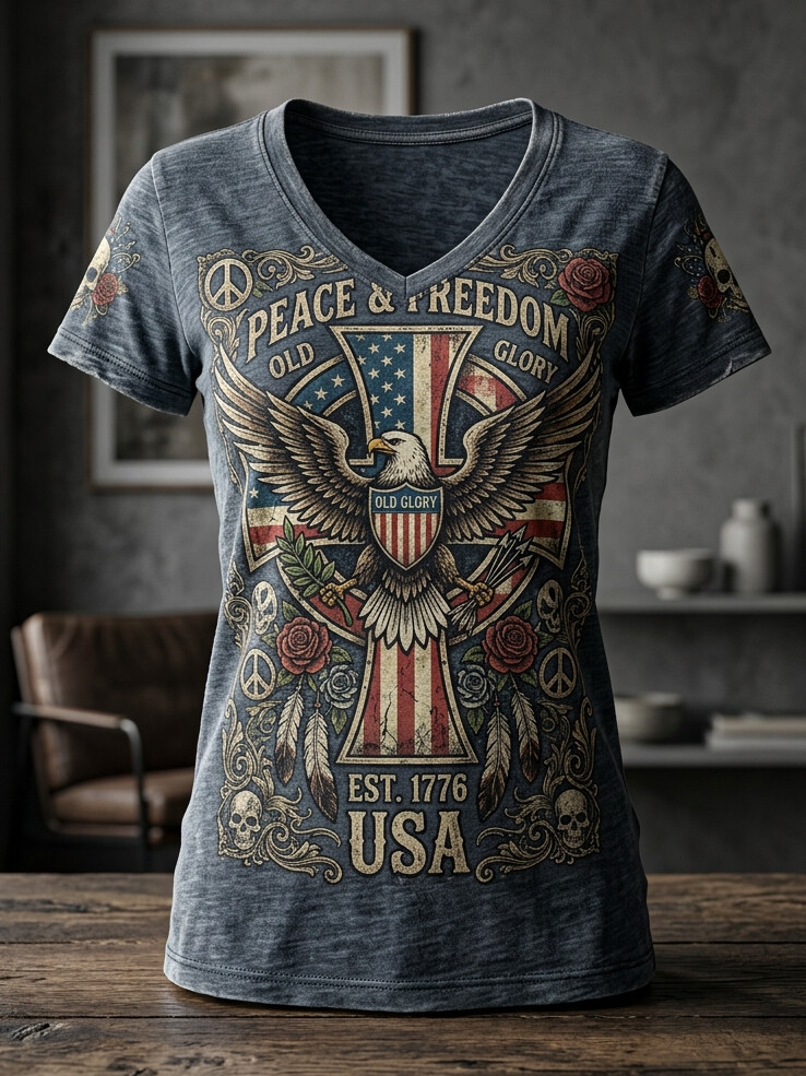 Women's Retro Independence Day Eagles Print Casual V Neck T-Shirt
