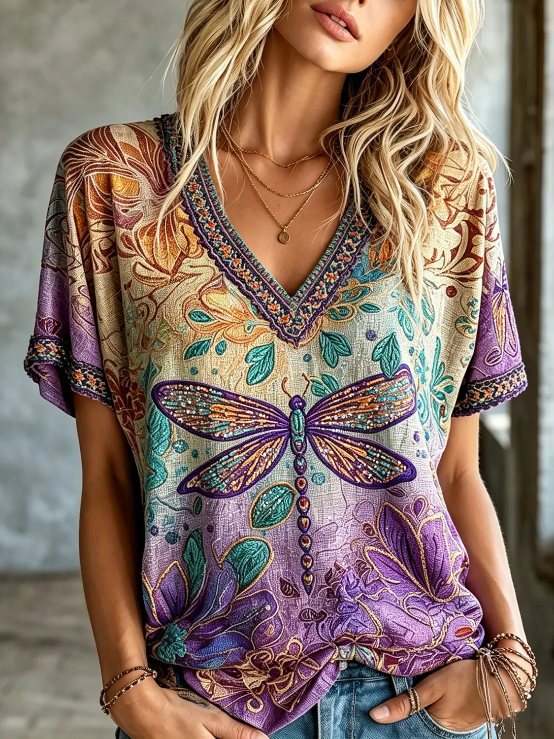 Women's Boho Vintage Floral Dragonfly Rhinestone Print Casual T-Shirt
