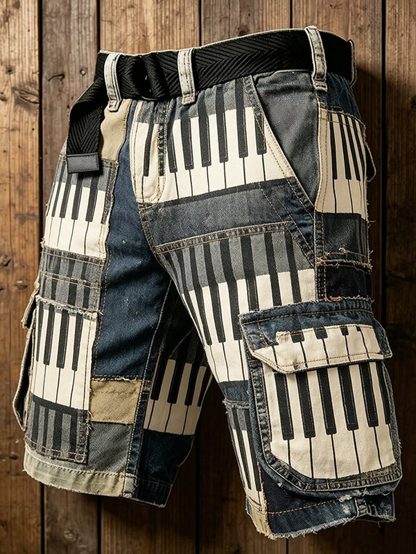 Men's Retro Piano Key Color Block Art Print Denim-Like Casual Shorts