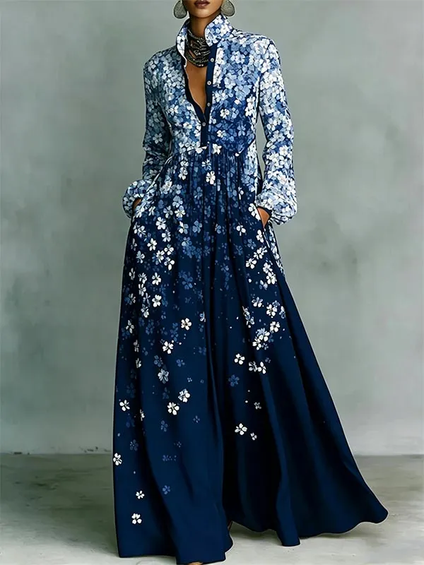 Women's Gradient Floral Print Long Sleeve Maxi Dress