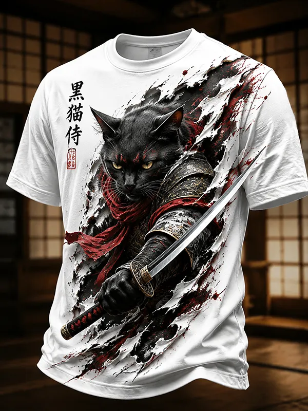 Men's Samurai Black Cat with Sword Print Casual T-Shirt