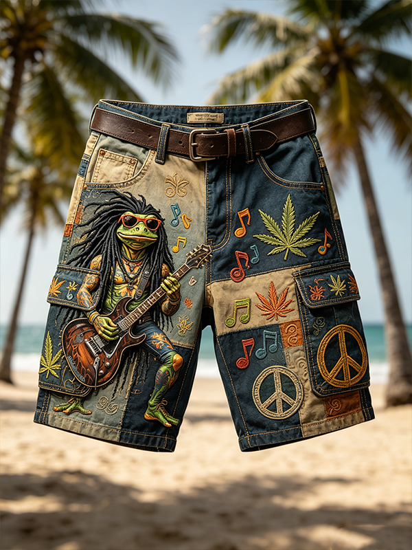 Men's Reggae Frog Guitar Cannabis Leaf Peace Sign Patchwork Art Print Casual Shorts