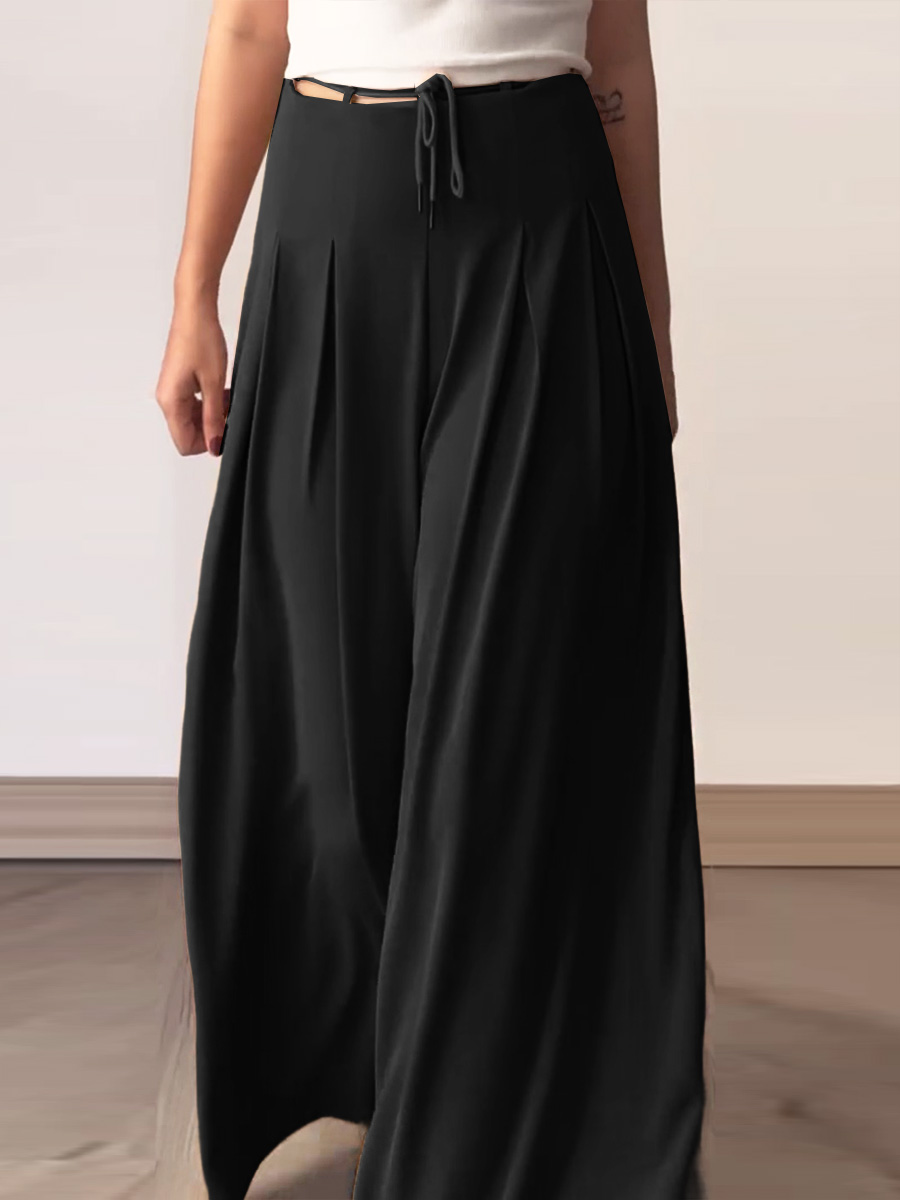 Women's Summer Solid Color High Waist Lace-up Loose Casual Cotton and Linen Wide Leg Pants