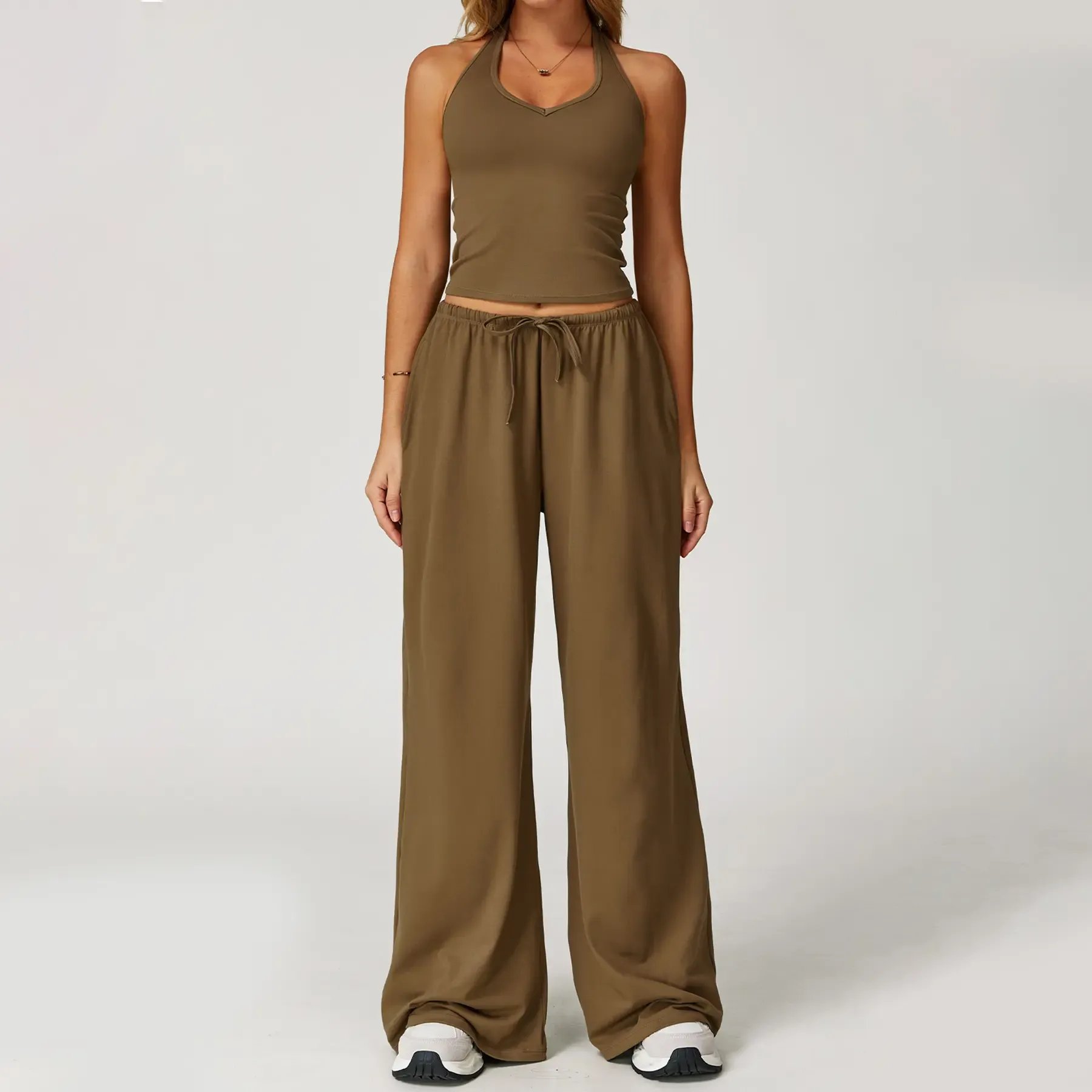 💖Hot 50% OFF✨ Women’s 2-Piece Silk-Like Lounge Set – V-Neck Strappy Top & Wide Leg Pants