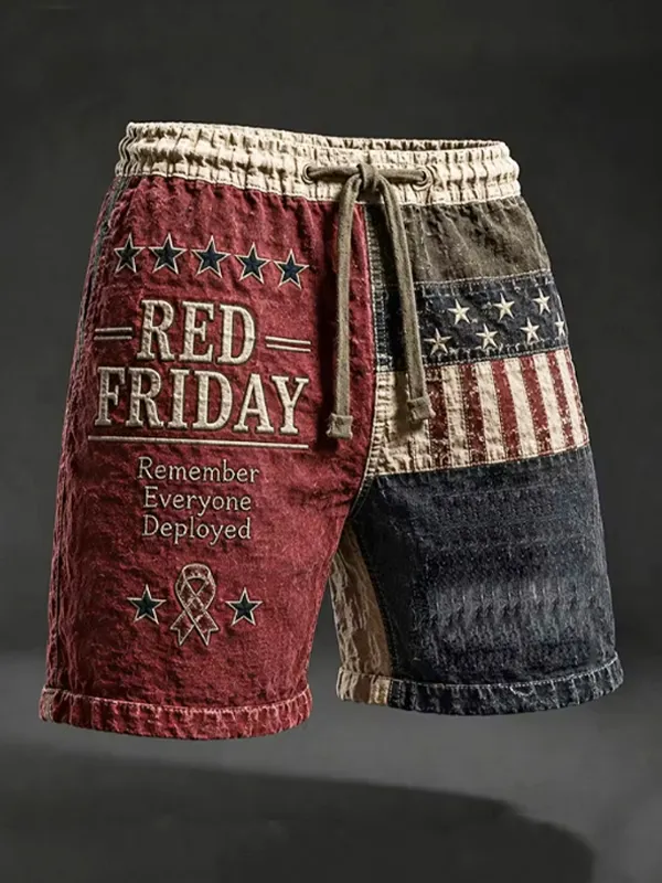 Men's Red Friday Remember Everyone Deployed Stars and Stripes Colorblock Print Casual Shorts