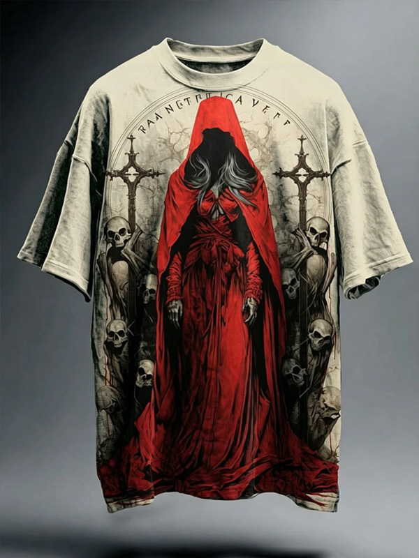 Men's Gothic Red Hood Witch Skull Cross Vintage Art Print T-Shirt