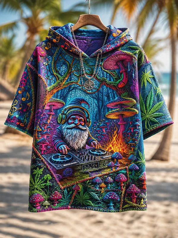 Men's Trippy Forest DJ Gnome Mushroom And Weed Art Print Hooded T-Shirt