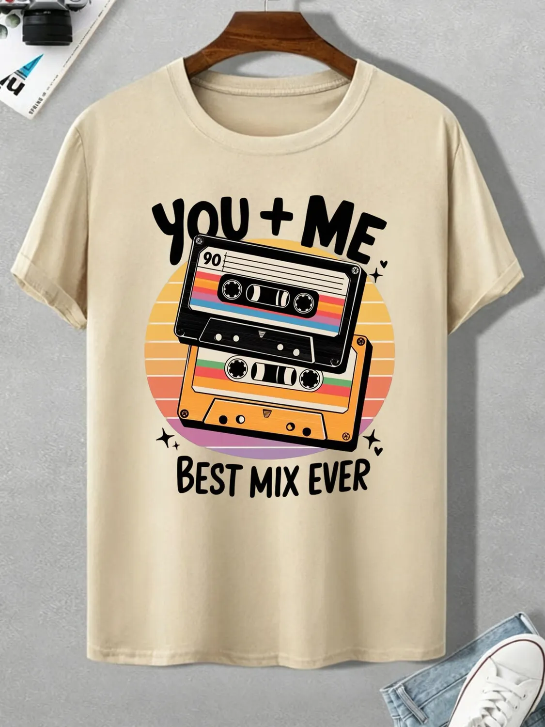 Men's Retro Cassette Tape Print Cotton Casual T-Shirt