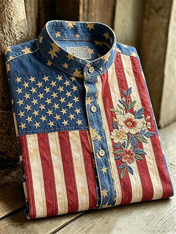 Men's American Flag Floral Art Print Long Sleeve Shirt