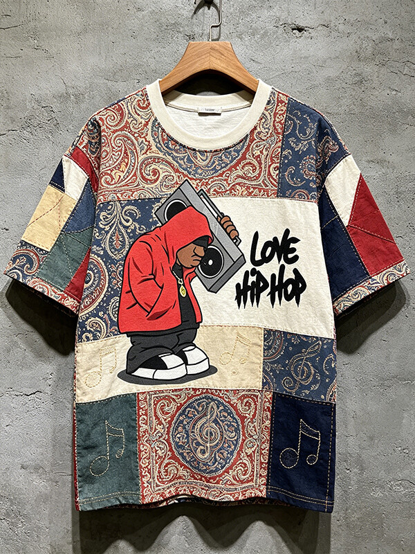 Men's Love Hip Hop Dreadlocks Paisley Patchwork Art Print Drop Shoulder Casual T-Shirt