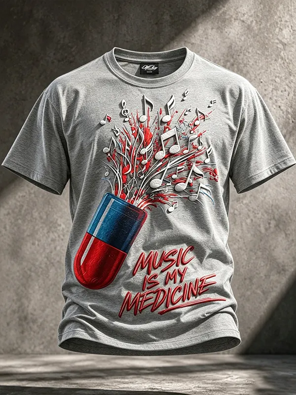 Men's Music is My Medicine Print Cotton Casual T-Shirt