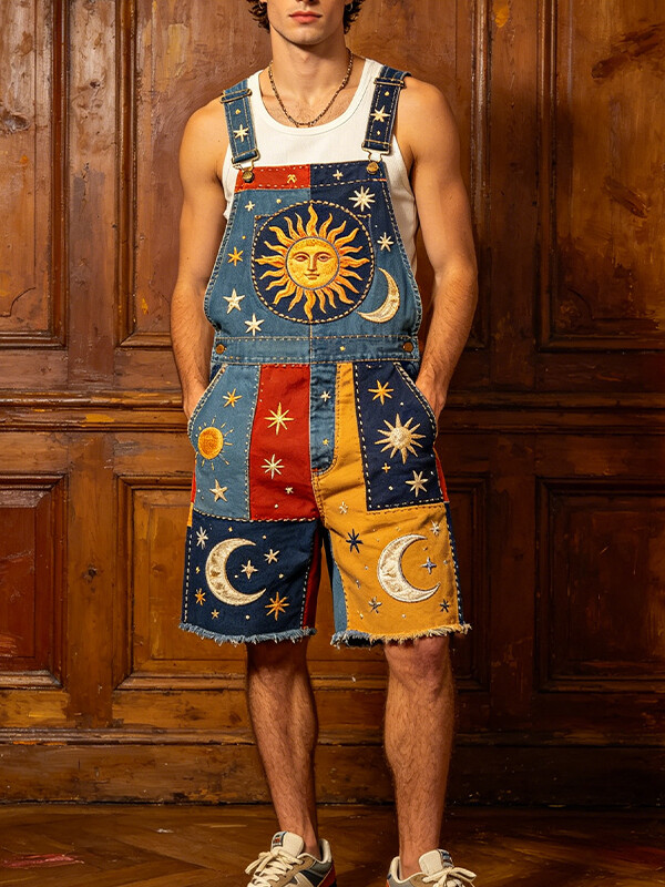 Men's Colorblock Mysterious Sun And Moon Print Denim-Like Shorts Overalls