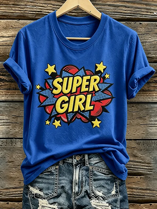 Women's Super Girl Print Cotton Casual T-Shirt