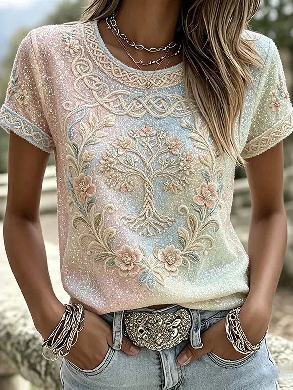 Women's Gradient Glitter Tree Of Life Floral Art Print Casual T-Shirt