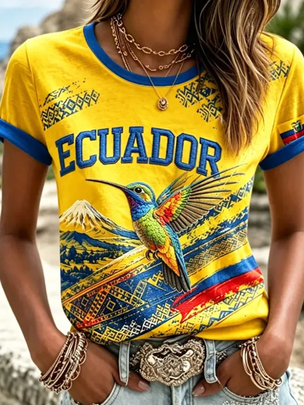 Women's Ecuador Hummingbird Mountain Tribal Pattern Art Print Casual T-Shirt