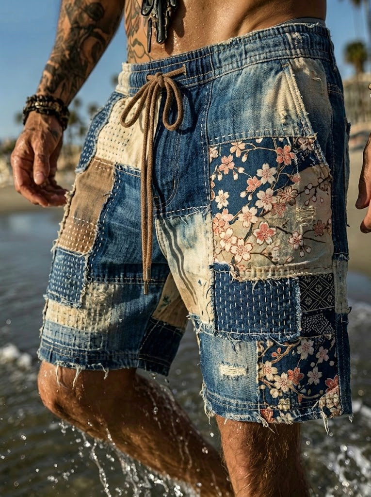 Men's Japanese Cherry Blossom Color Block Print Casual Shorts